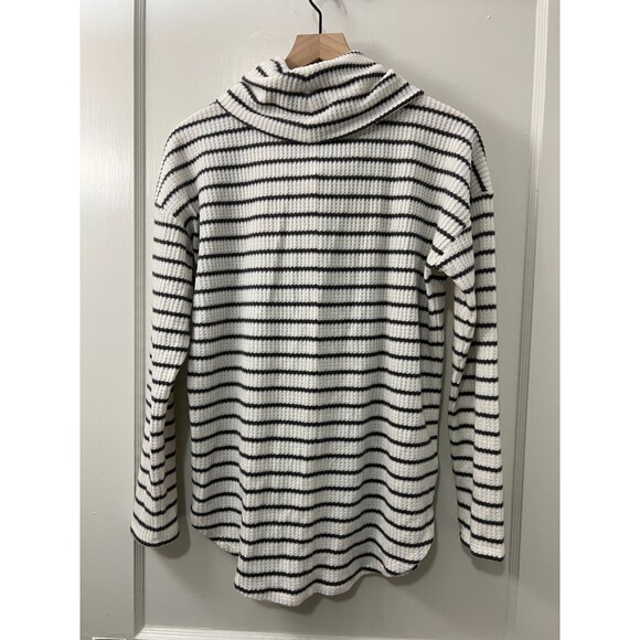 Loft Waffle Knit Tunic Top Gray White Stripe Cowl Neck Long Sleeve Women's M - Picture 2 of 6